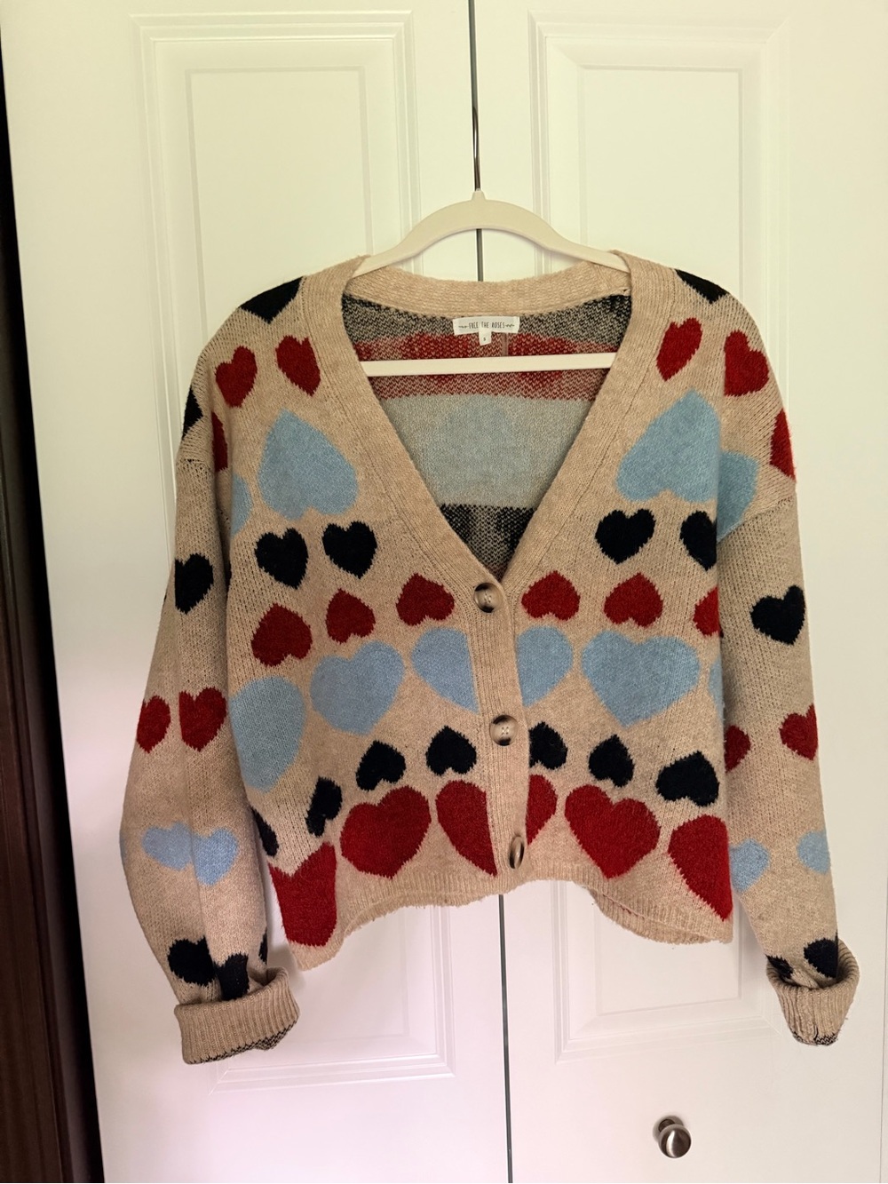 Heart Pattern Button-Front Cardigan Jacket - Beige/Multi - Picture 2 of 4